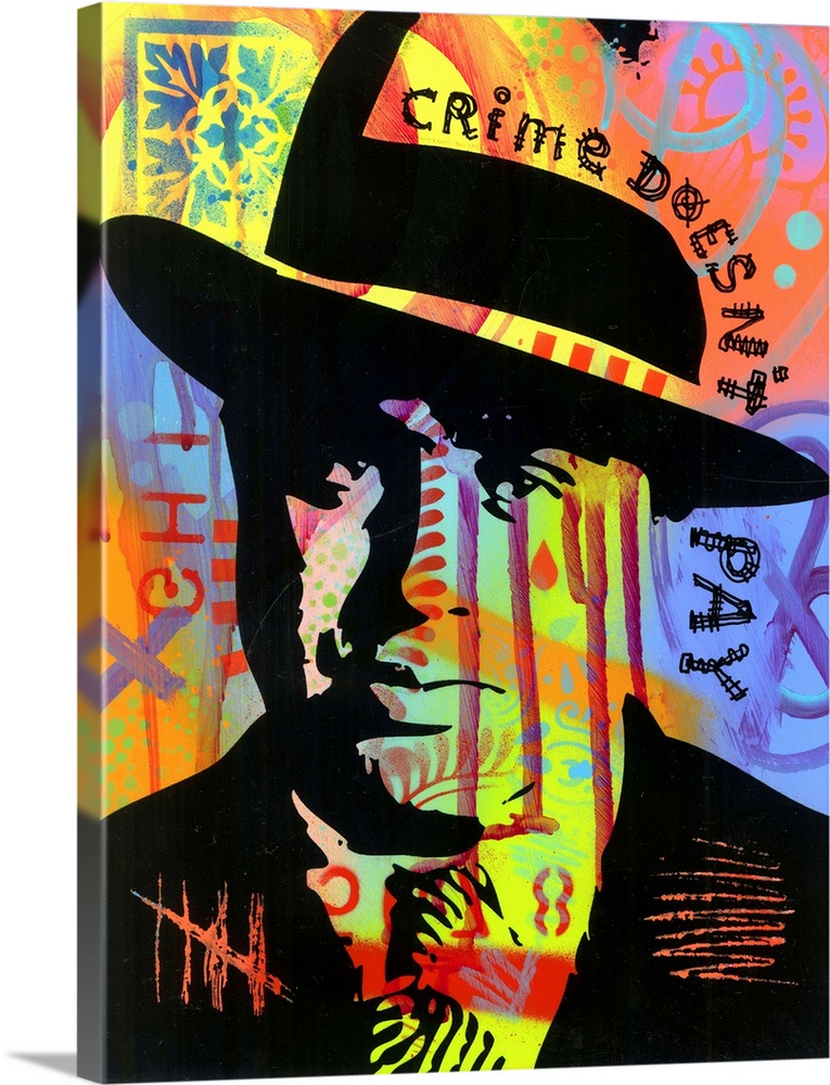 Pop art style illustration of Al Capone on a colorful graffiti background with "Crime Doesn't Pay" handwritten along the s...