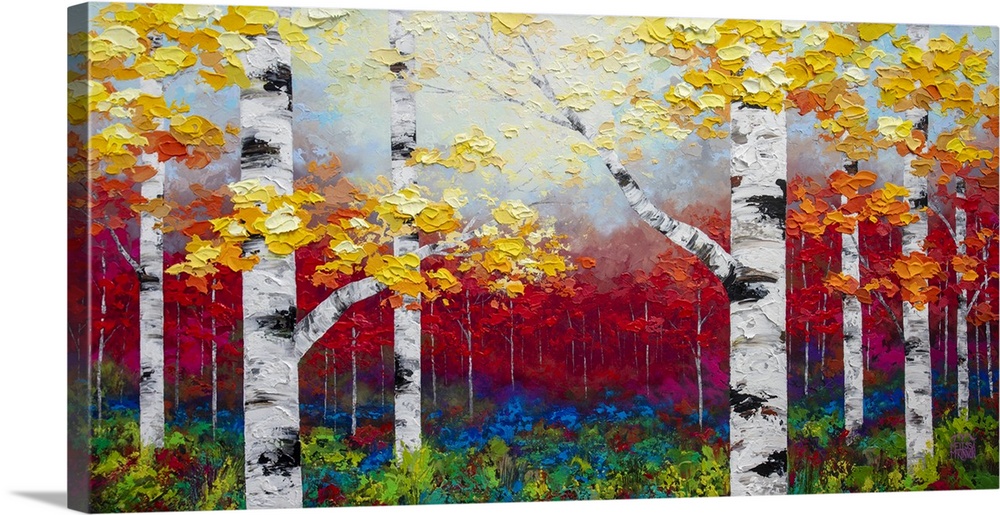 Fine art painting of birch trees and aspen trees in autumn forest by contemporary artist abstract landscape painter Meliss...