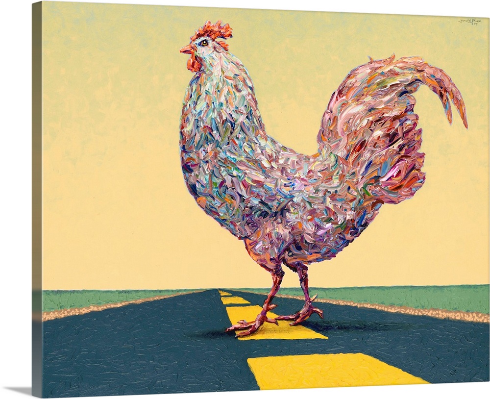 Artwork of a chicken walking across street.