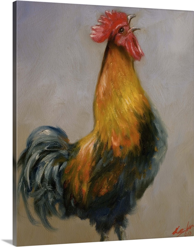 Contemporary painting of a colorful rooster crowing.
