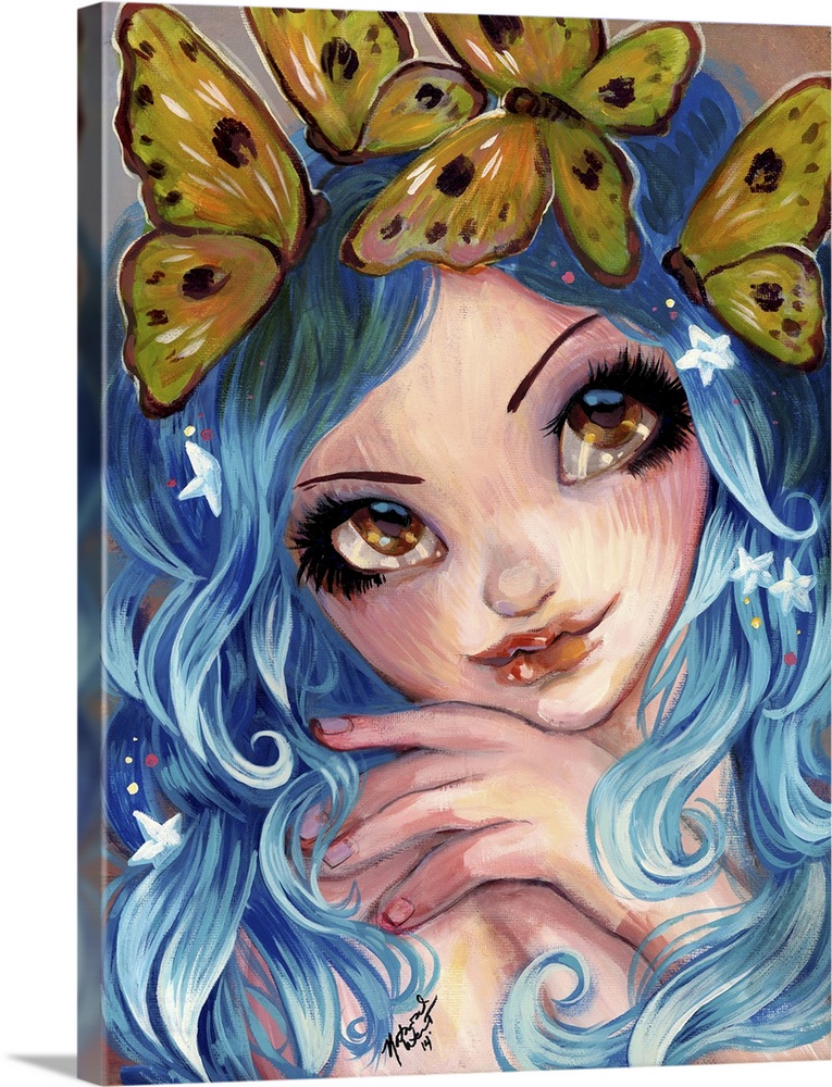 Fantasy painting of a woman with flowing blue hair and butterflies.