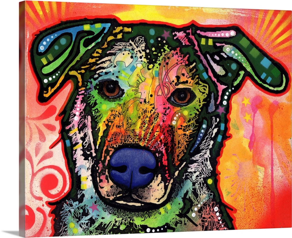 Pop art style painting of a colorful dog with abstract markings on a warm red, pink, yellow, and orange background with de...