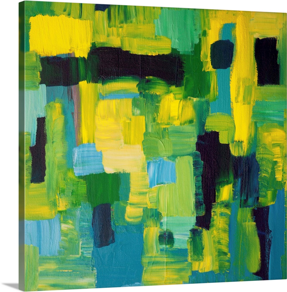 Contemporary abstract painting in yellow and blues.