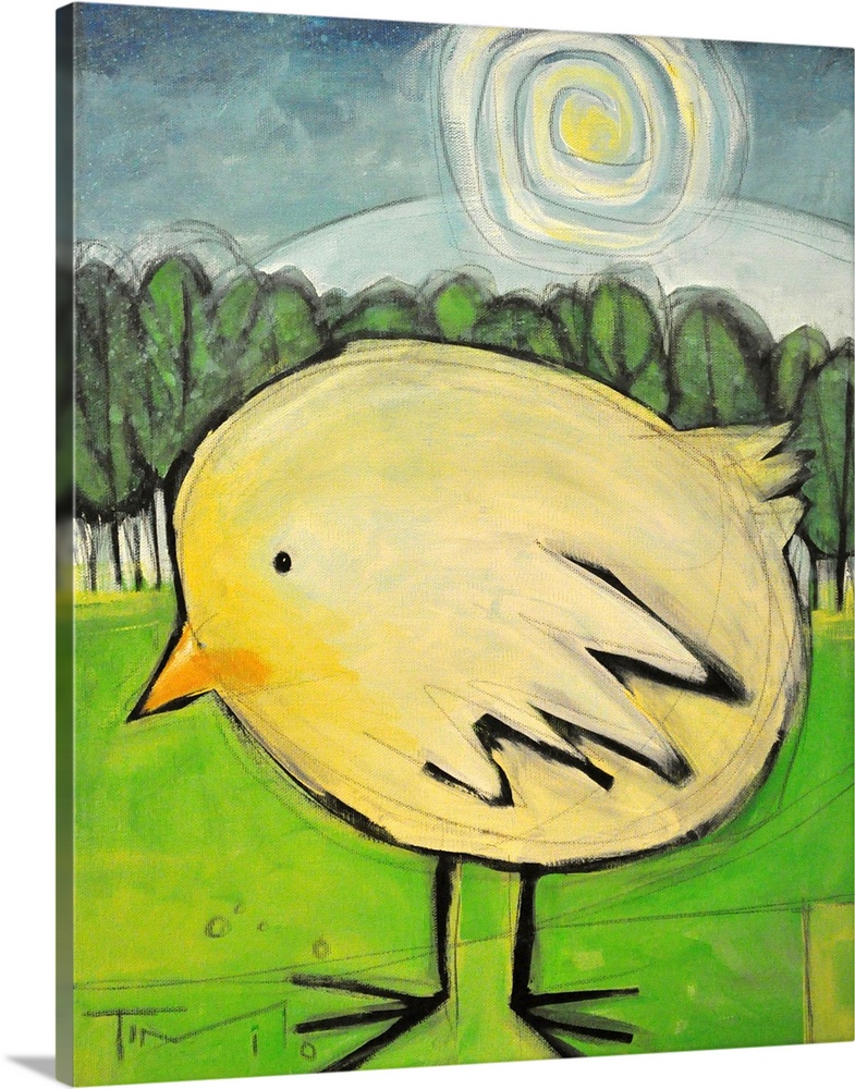 Large painting of a baby bird on canvas with a sun shining and a forest of trees behind him.