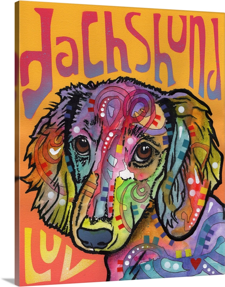 Colorful painting of a Dachshund with "Dachshund Luv" written on an orange and pink background.