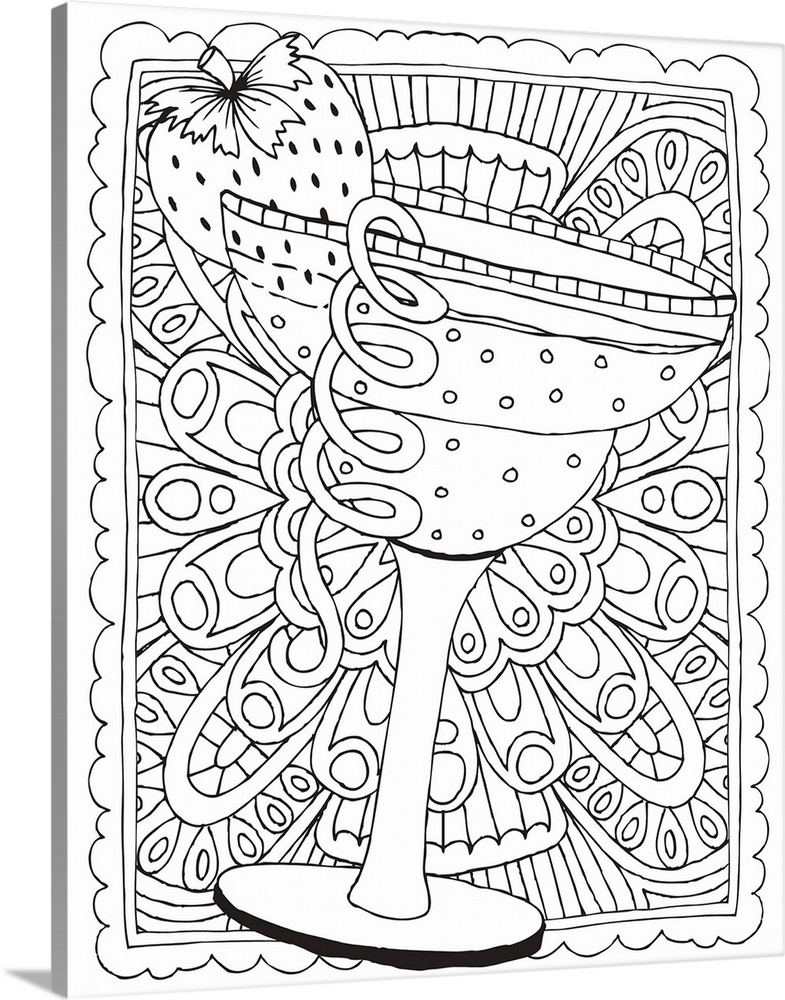 Black and white line art of a daiquiri with a strawberry on the rim on top of an intricate design.