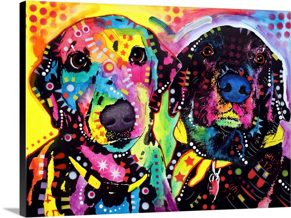 Contemporary stencil painting of two dogs filled with various colors and patterns.