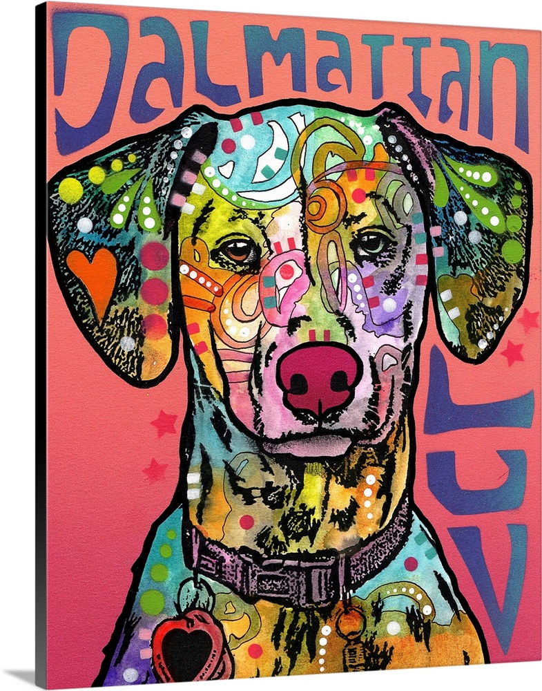 "Dalmatian Luv" written around a colorful painting of a Dalmatian with abstract markings.