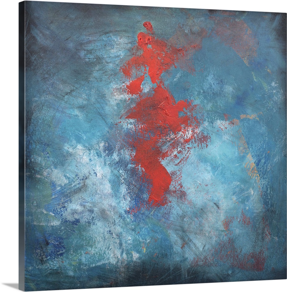 Abstract contemporary painting with a large red center on blue.