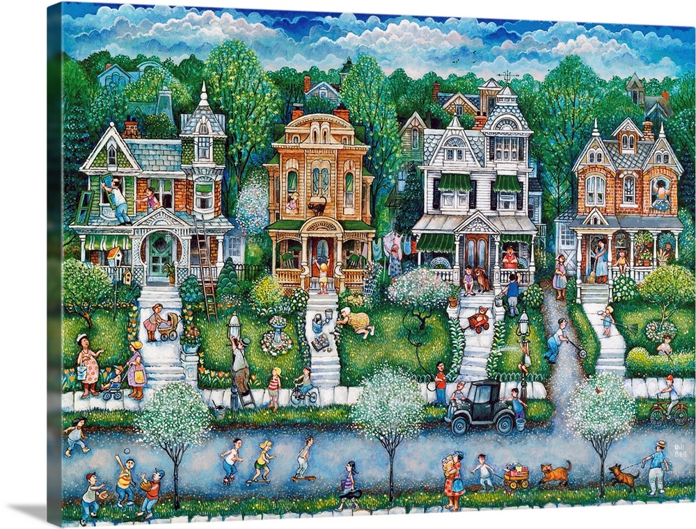 Three houses with walkways, many dandelions and people.