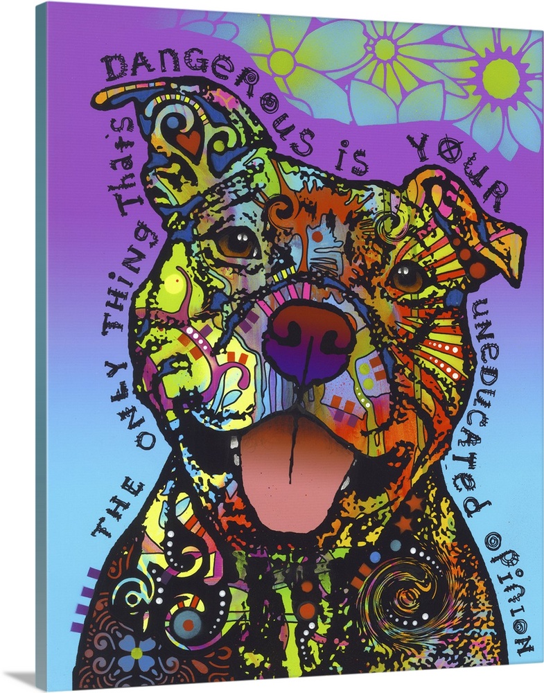 Adorable illustration of a pit bull with intricate, colorful designs all over its fur on a blue and purple background with...