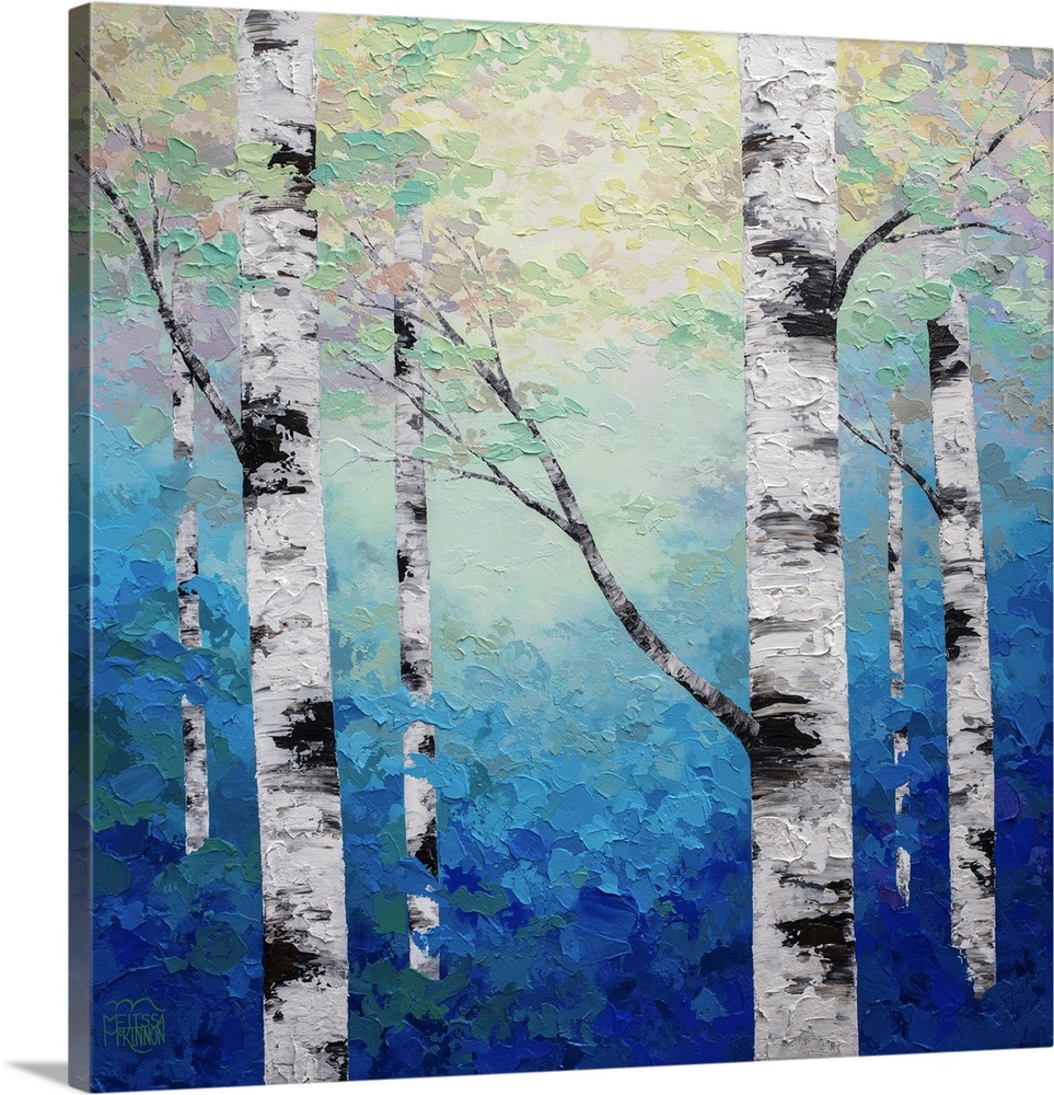 Ethereal blue forest landscape painting of aspen trees and birch trees in sunlight Giclee art print on canvas by contempor...