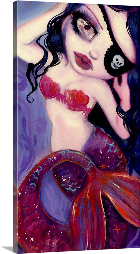 Fantasy painting of a mermaid with a red tail and an eyepatch.