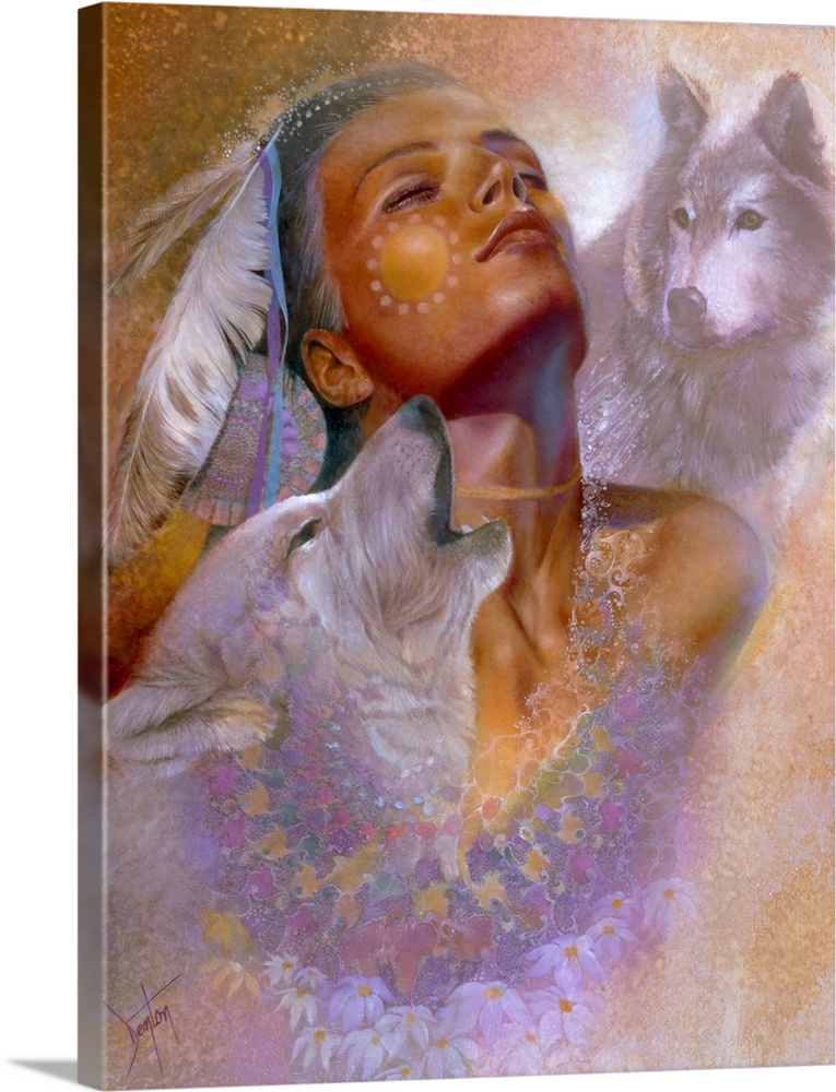 A contemporary painting of a Native American woman with her head and surrounded by wolf portraits.