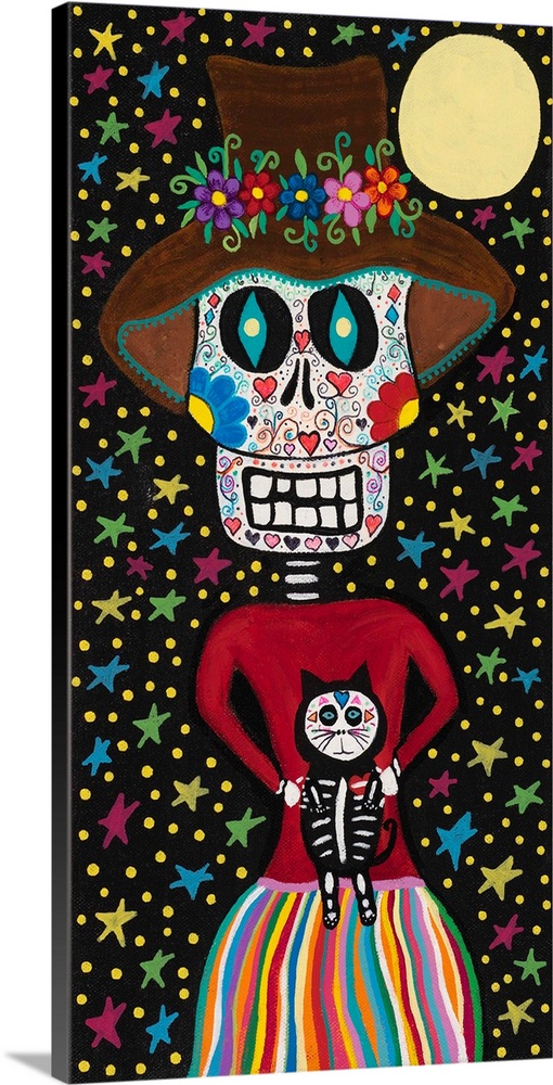 Painting of a calavera girl with a matching cat in a pretty dress and hat with a starry sky.