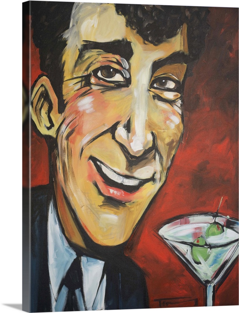Contemporary portrait of Rat Pack singer Dean Martin with a martini.