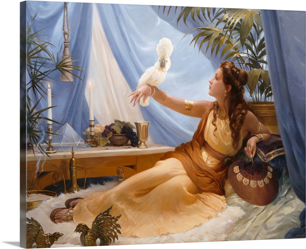 woman lying on divan in tent with cockatoo on her arm