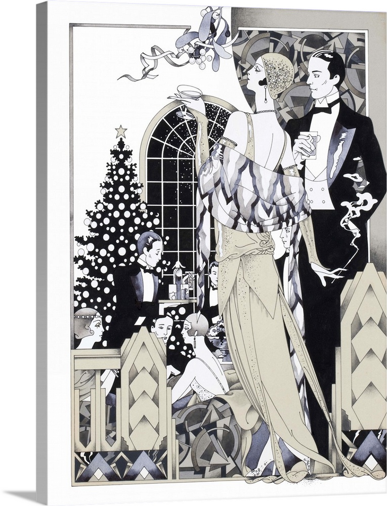 Art deco style illustration of a couple in formal wear looking at a Christmas dinner scene.