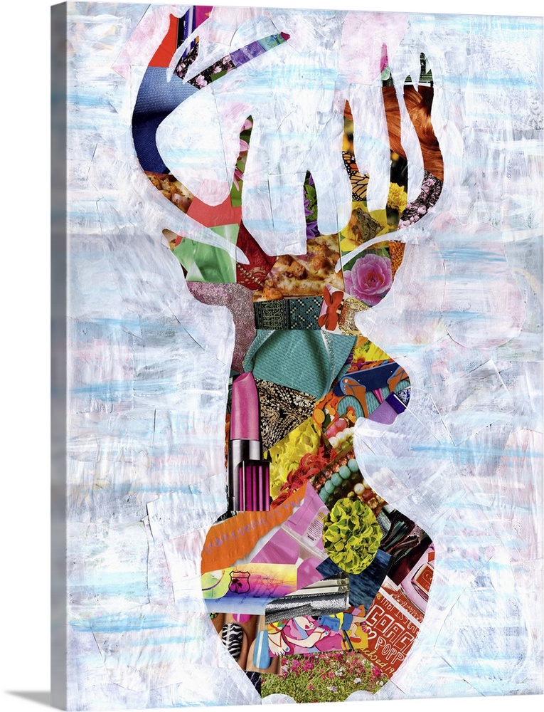Multimedia collage of magazine clippings and paint of the head and antlers of a buck.