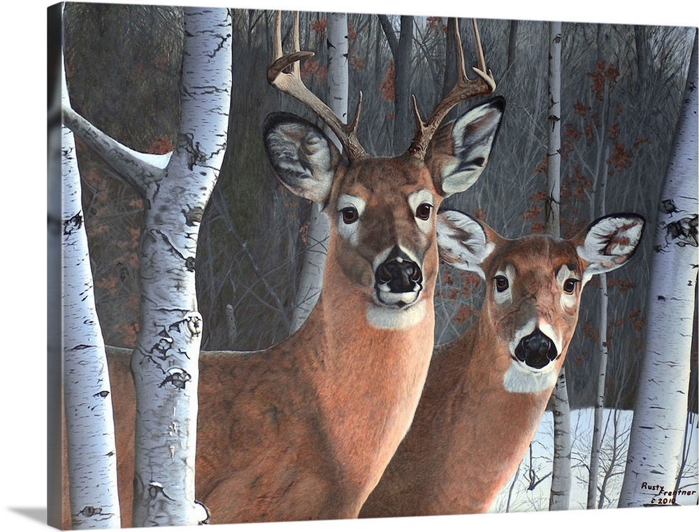 Contemporary painting of a deer couple standing beside a tree in a forest in winter.