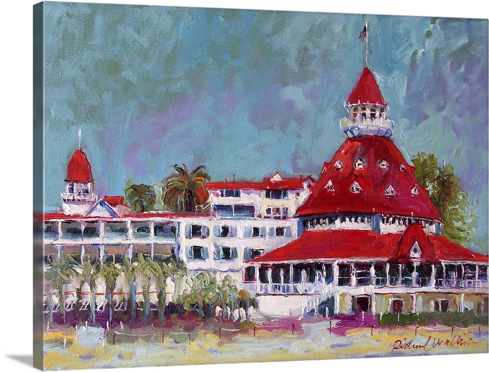 Contemporary painting of a red roofed building.