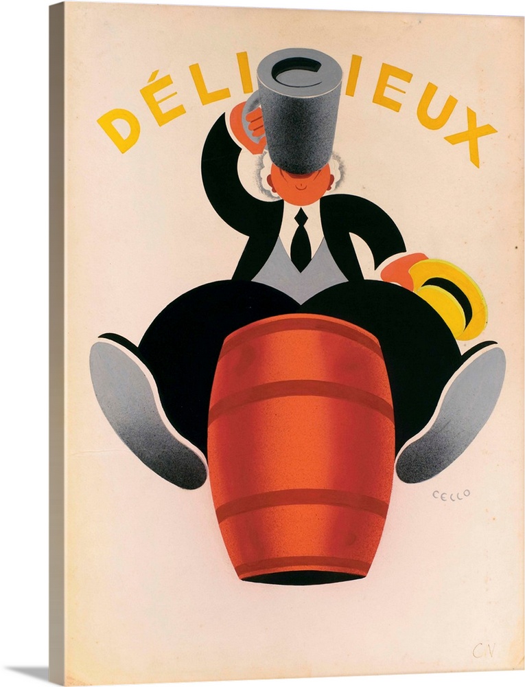 Vintage advertisement artwork of a characterized man wearing a suit and drink beer from a mug while atop a barrel.