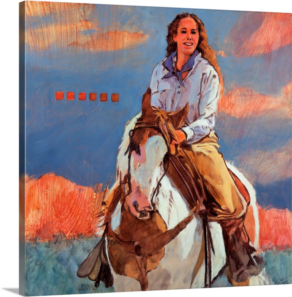 Contemporary western theme painting of a cowgirl on horseback.