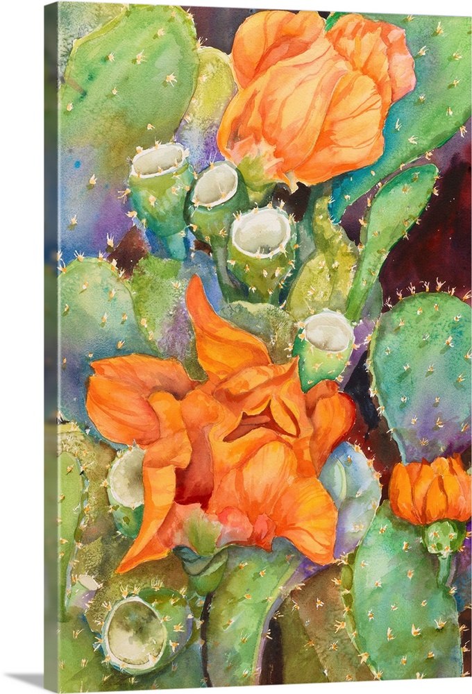 Colorful contemporary painting of desert cactus flowers.