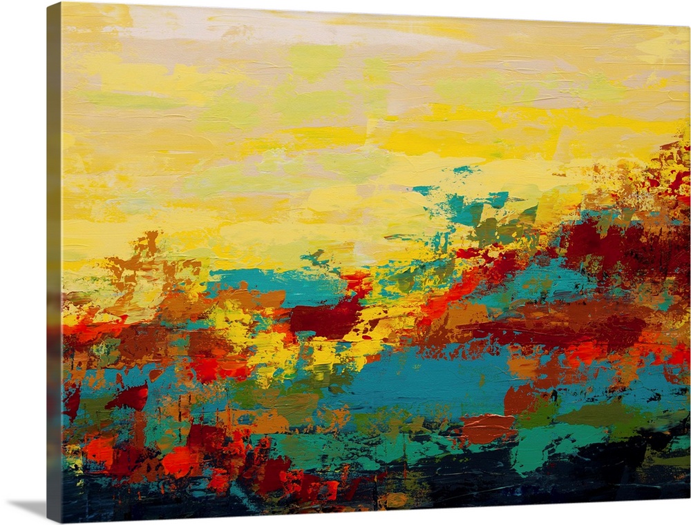 Contemporary abstract painting in blues and yellows, resembling an arid landscape.