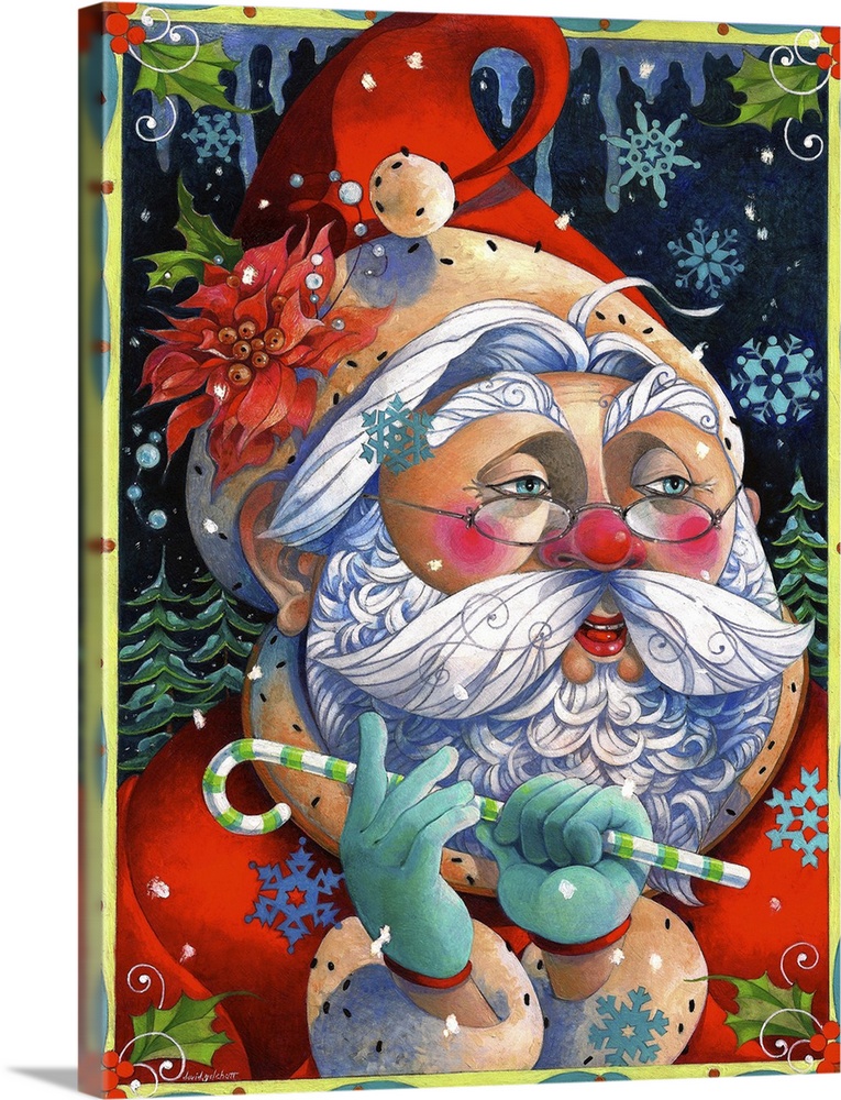 Contemporary artwork of Santa Claus holding a candy cane against a background of snowflakes.
