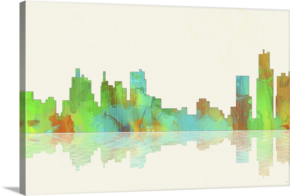 Contemporary colorful city skyline casting mirror-like reflection.
