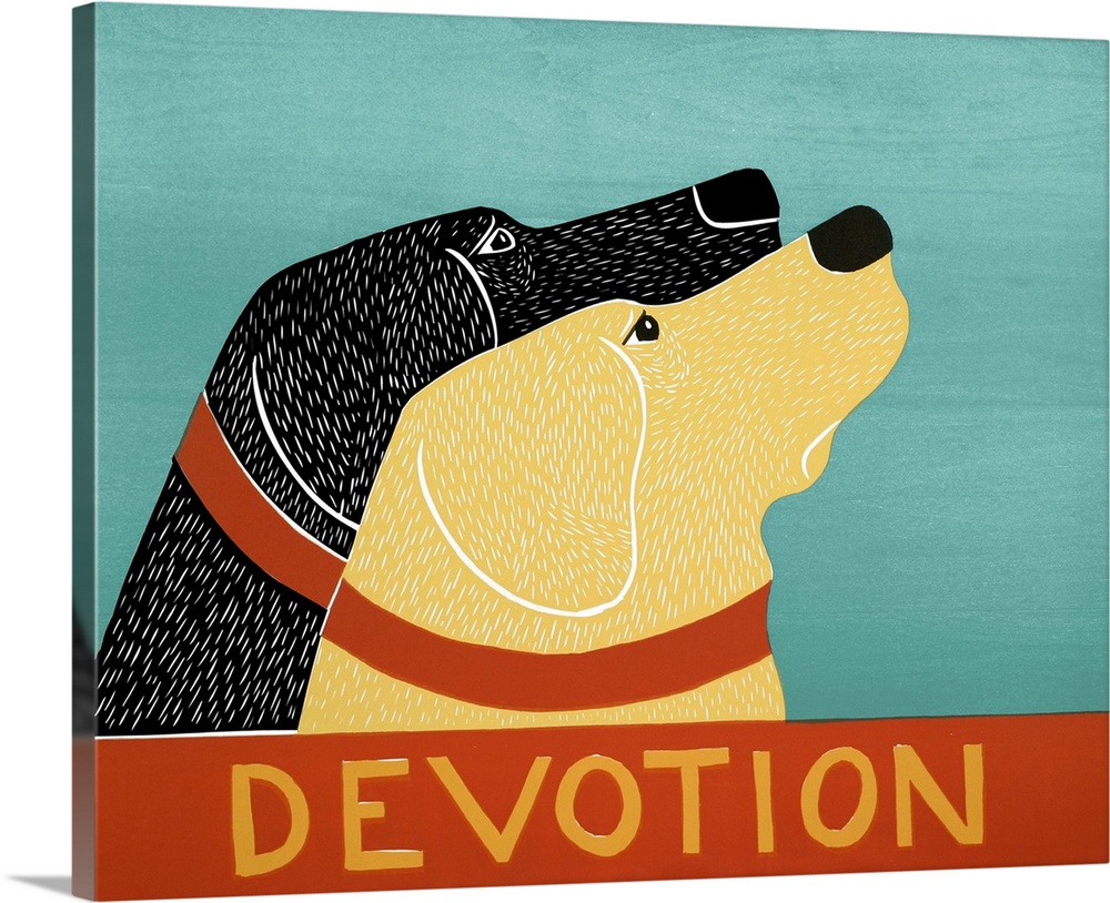 Illustration of a yellow and black lab starring at the same thing with the word "Devotion" written at the bottom.