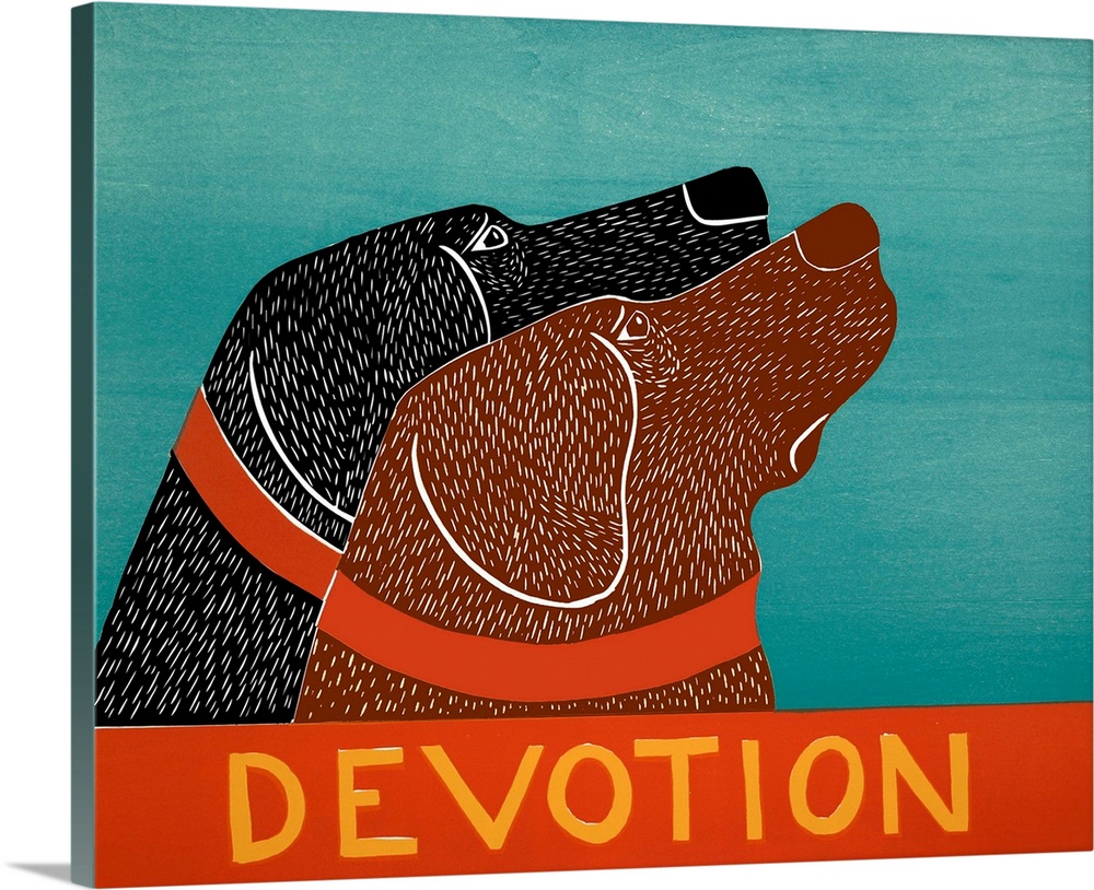 Illustration of a chocolate and black lab starring at the same thing with the word "Devotion" written at the bottom.