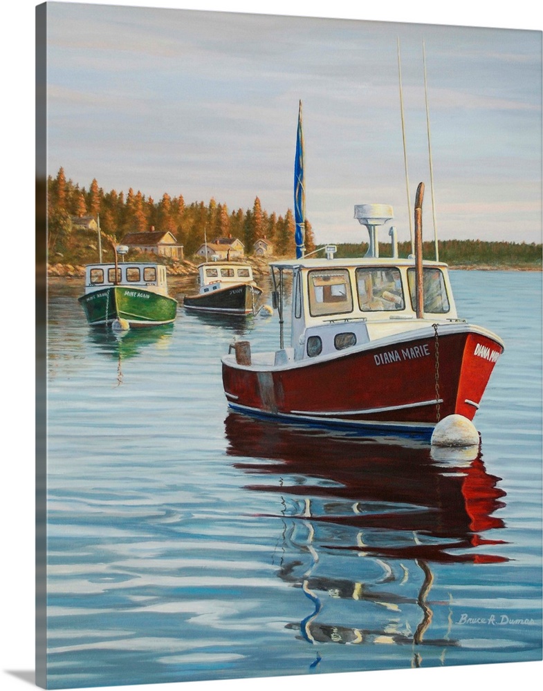 Contemporary artwork of a red boat in a harbor