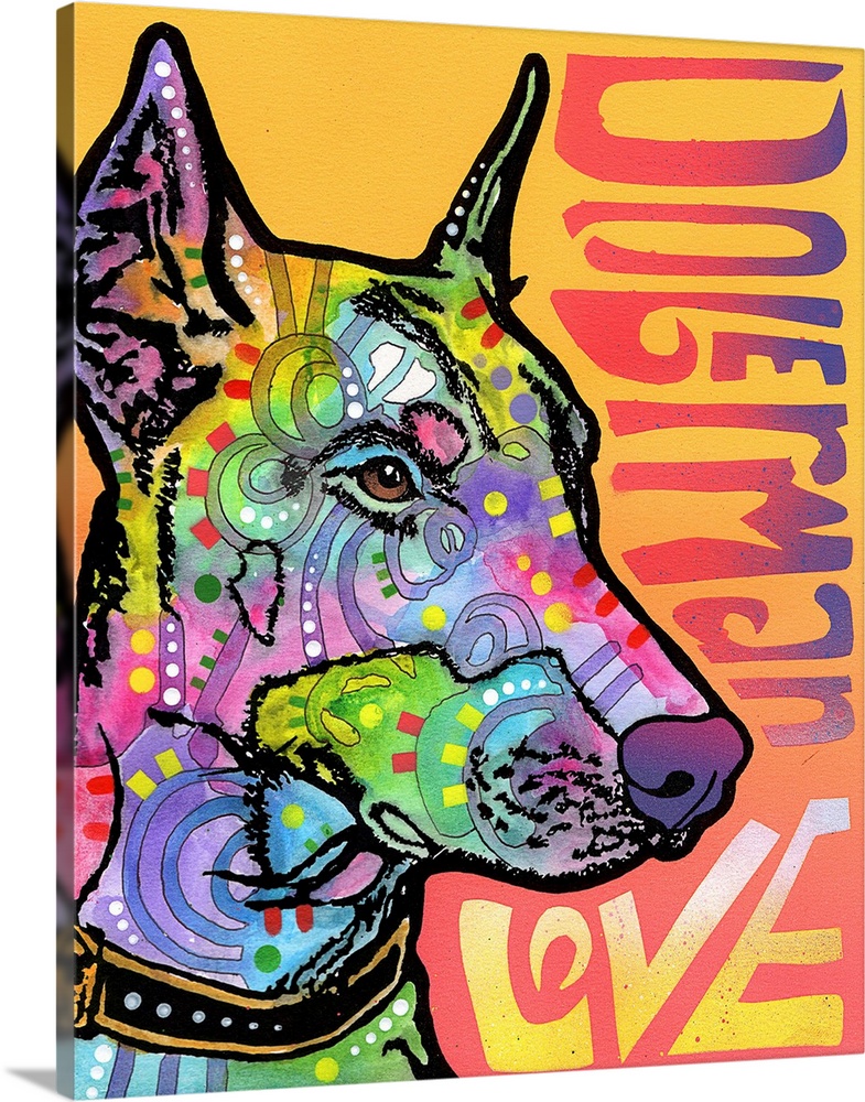 Colorful painting of a Doberman with graffiti-like designs on a pink and orange background with "Doberman Love" spray pain...