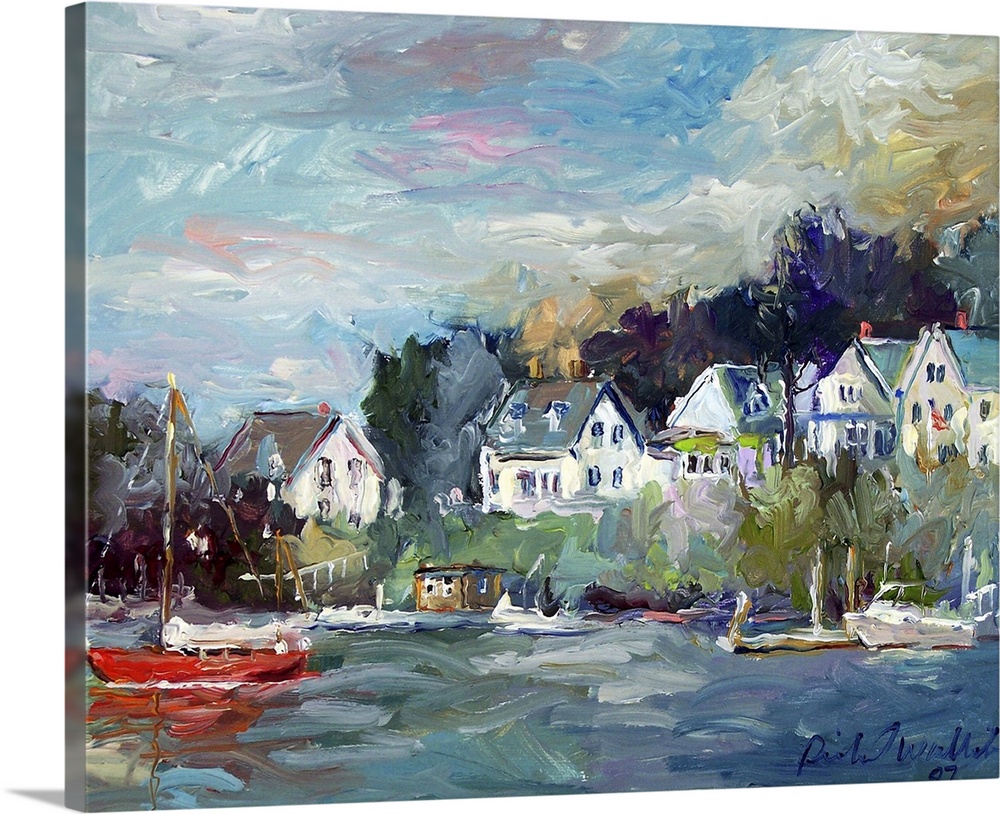 Contemporary painting of a small coastal town harbor.