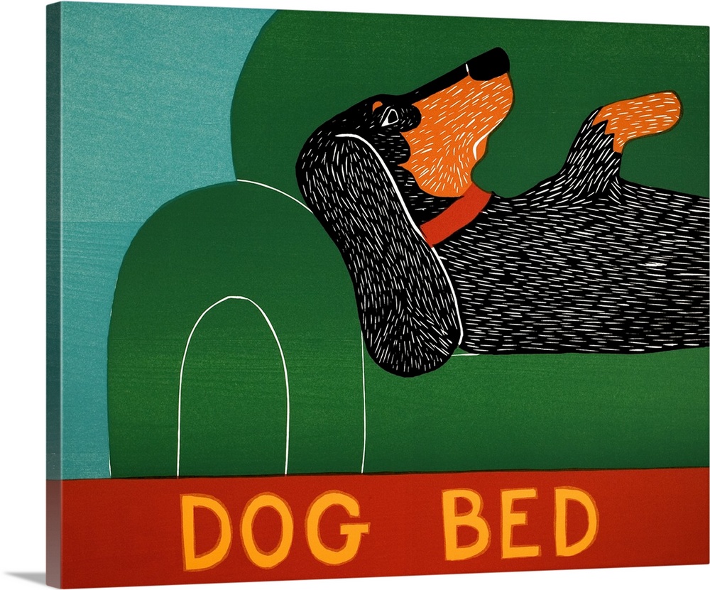 Illustration of a Dachshund laying on a green couch with "Dog Bed" written at the bottom.