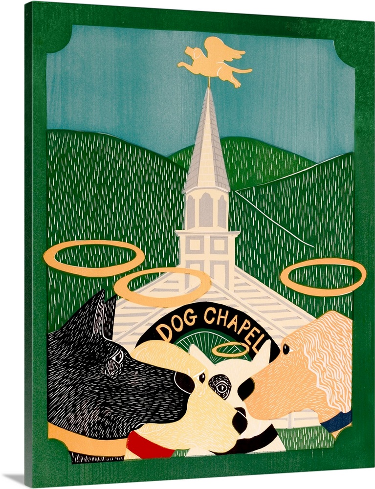 Illustration of different breeds of dogs with halos outside of a Dog Chapel.