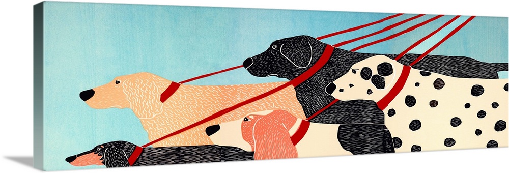 Illustration of five different dogs walking with red leashes by their dog walker.