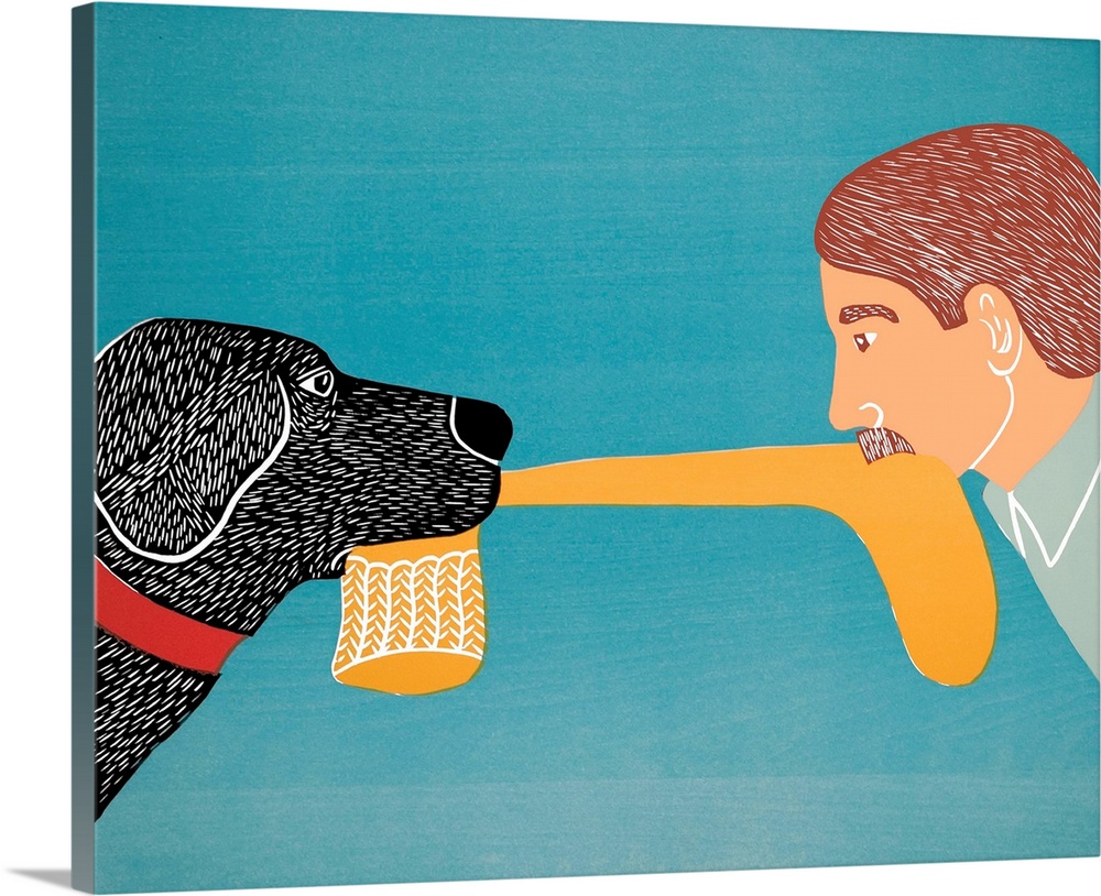 Illustration of a black lab and a man playing tug-a-war with a yellow sock.