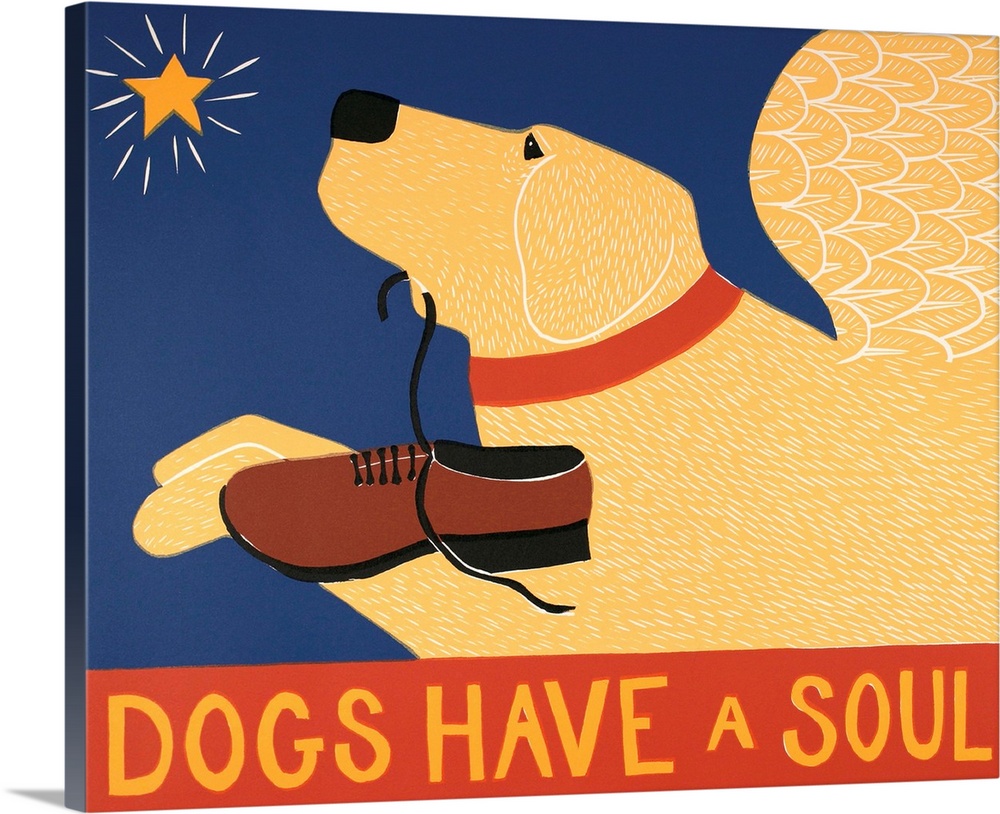 Illustration of a yellow lab with angel wings flying towards a star and carrying a loafer in its mouth with the phrase "Do...