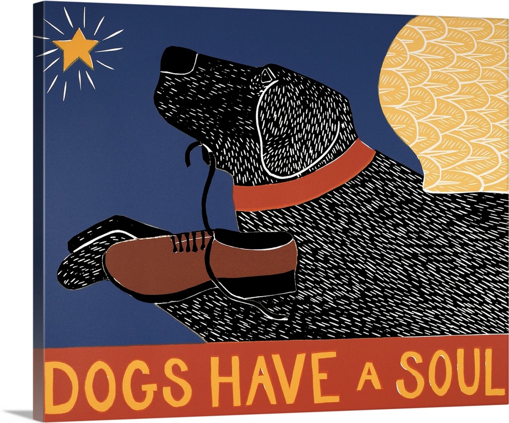 Illustration of a black lab with angel wings flying towards a star and carrying a loafer in its mouth with the phrase "Dog...