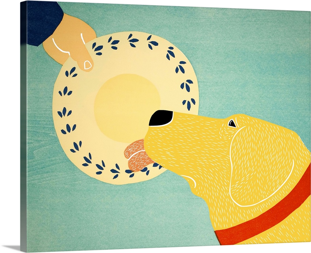 Illustration of a yellow lab licking a dinner plate clean.