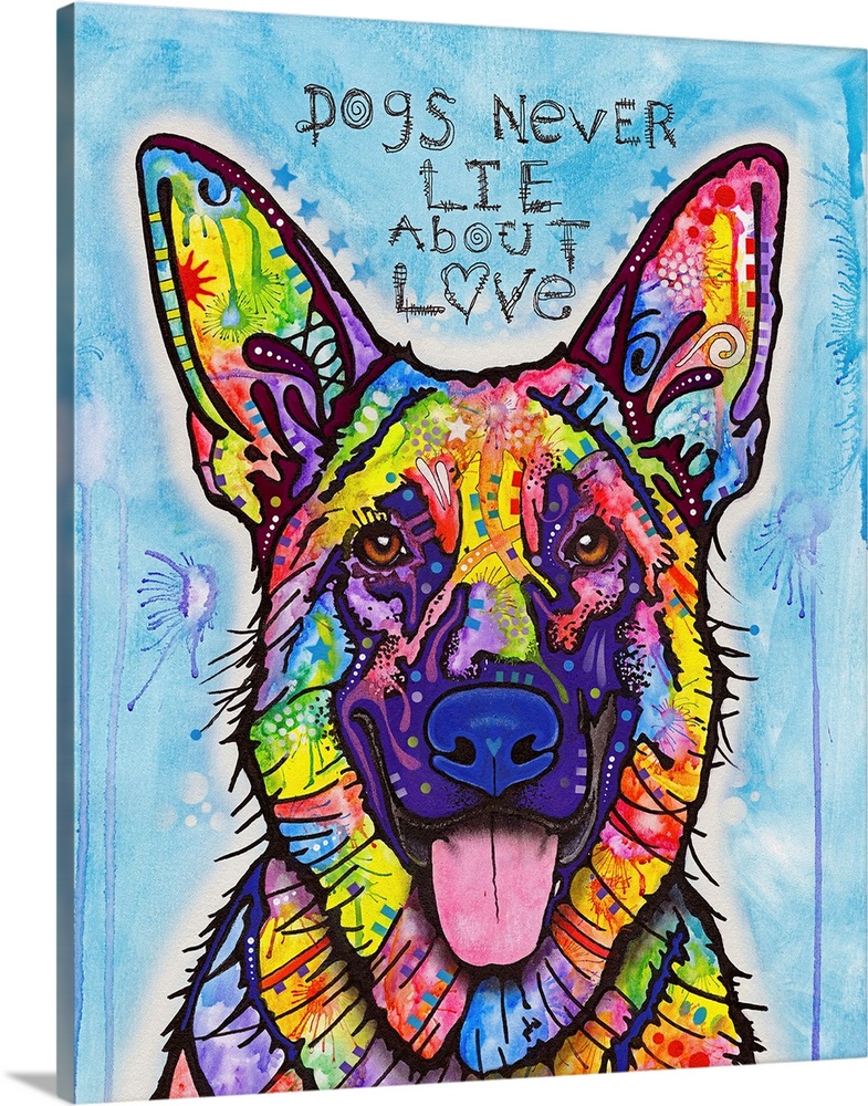 "Dogs Never Lie About Love" handwritten above a colorful painting of a Belgian Sheepdog on a blue background with purple p...