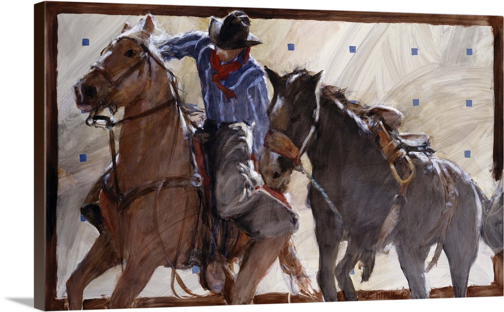 Contemporary western theme painting of a cowboy on horseback, lassoing another horse.