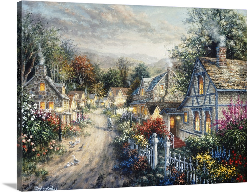 Painting of village scene featuring houses with glowing windows. Product is a painting reproduction only, and does not con...