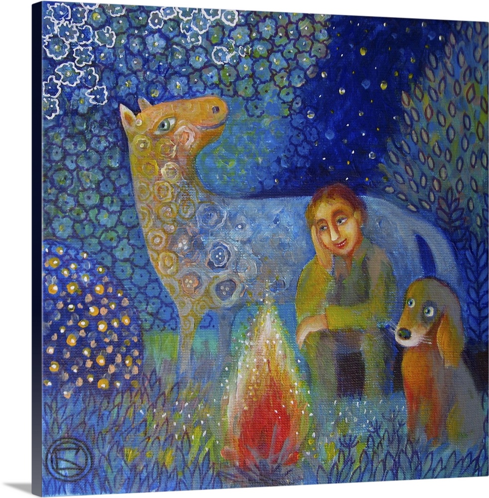 Contemporary painting of an evening scene with a person, dog, and horse around a fire.