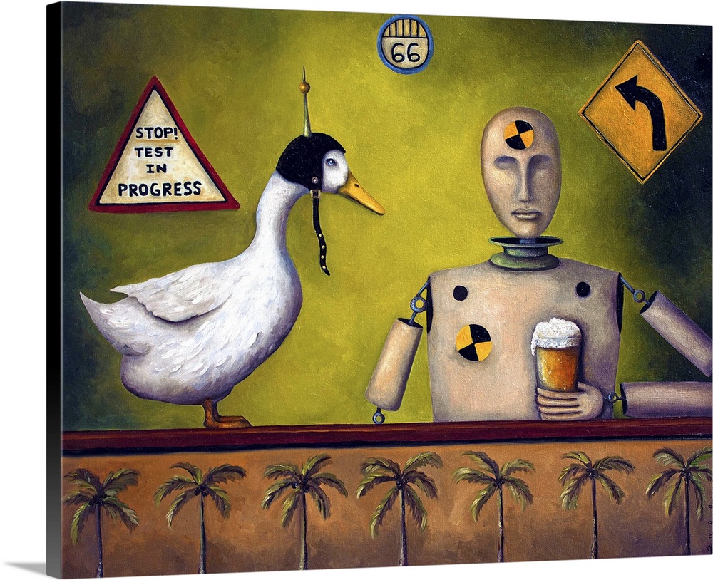 Surrealist painting of a crash test dummy sitting at a bar drinking.