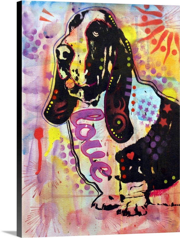 Contemporary stencil painting of a beagle filled with various colors and patterns.