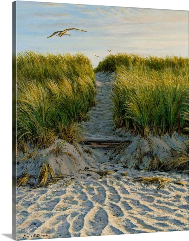 Contemporary artwork of a seagull flying over a path through grassy sand dunes.